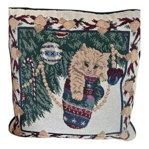 Christmas Tapestry Pillow 12x12 Holiday Cat Stocking Tree Decor Kitty Vintage